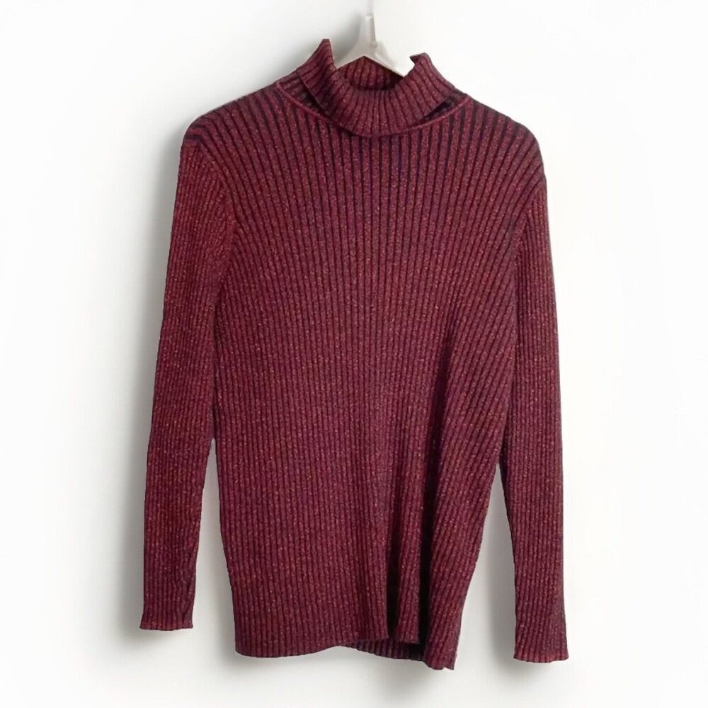 Chico's Women’s Metallic Red Burgundy Turtleneck Top XL Long Sleeves Holiday